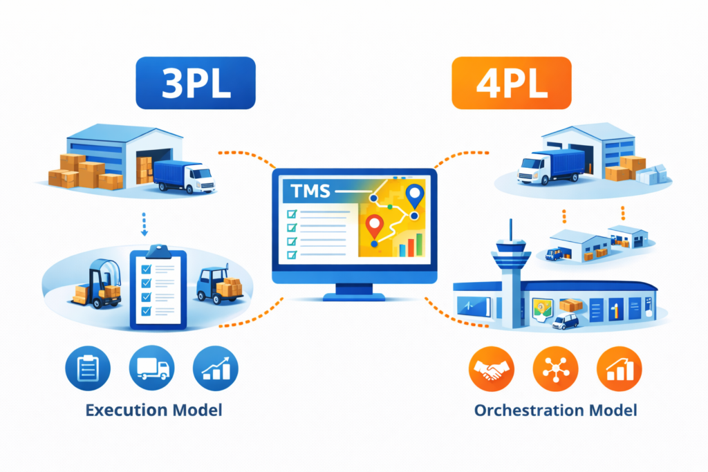 3PL vs 4PL logistics comparison showing execution model versus strategic orchestration model connected by TMS platform