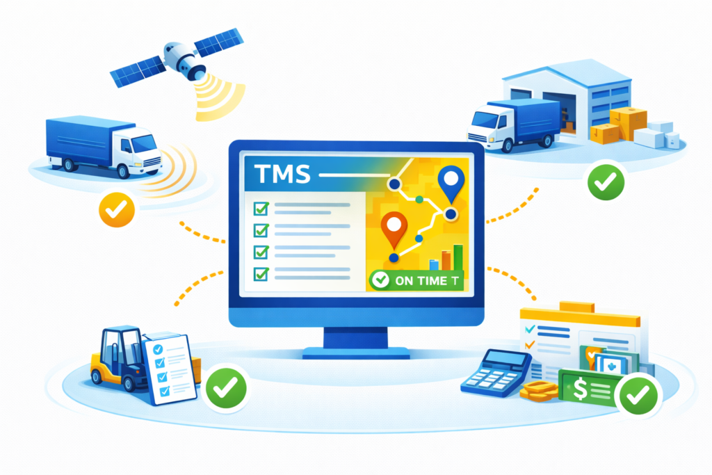 Real-time shipment visibility dashboard integrating GPS tracking, warehouse data, compliance, and financial systems in a TMS platform