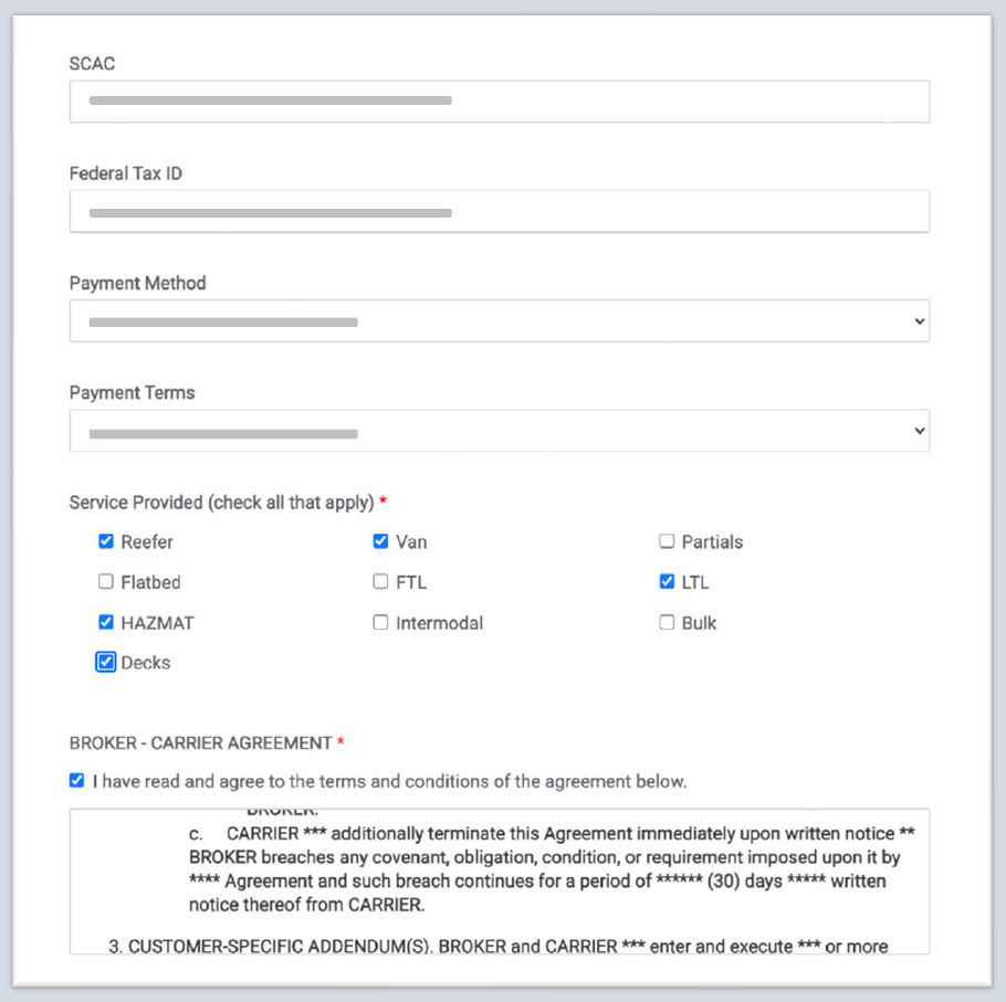 The broker–carrier agreement is signed digitally in FTM TMS Carrier On-Boarding Portal.