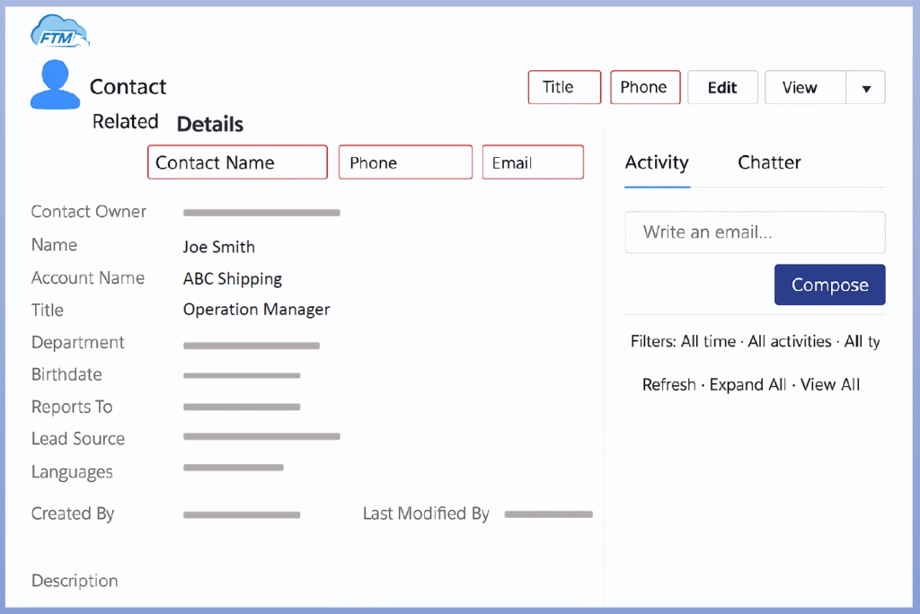 The quote portal in FTM TMS transport system logs detailed Contact information.