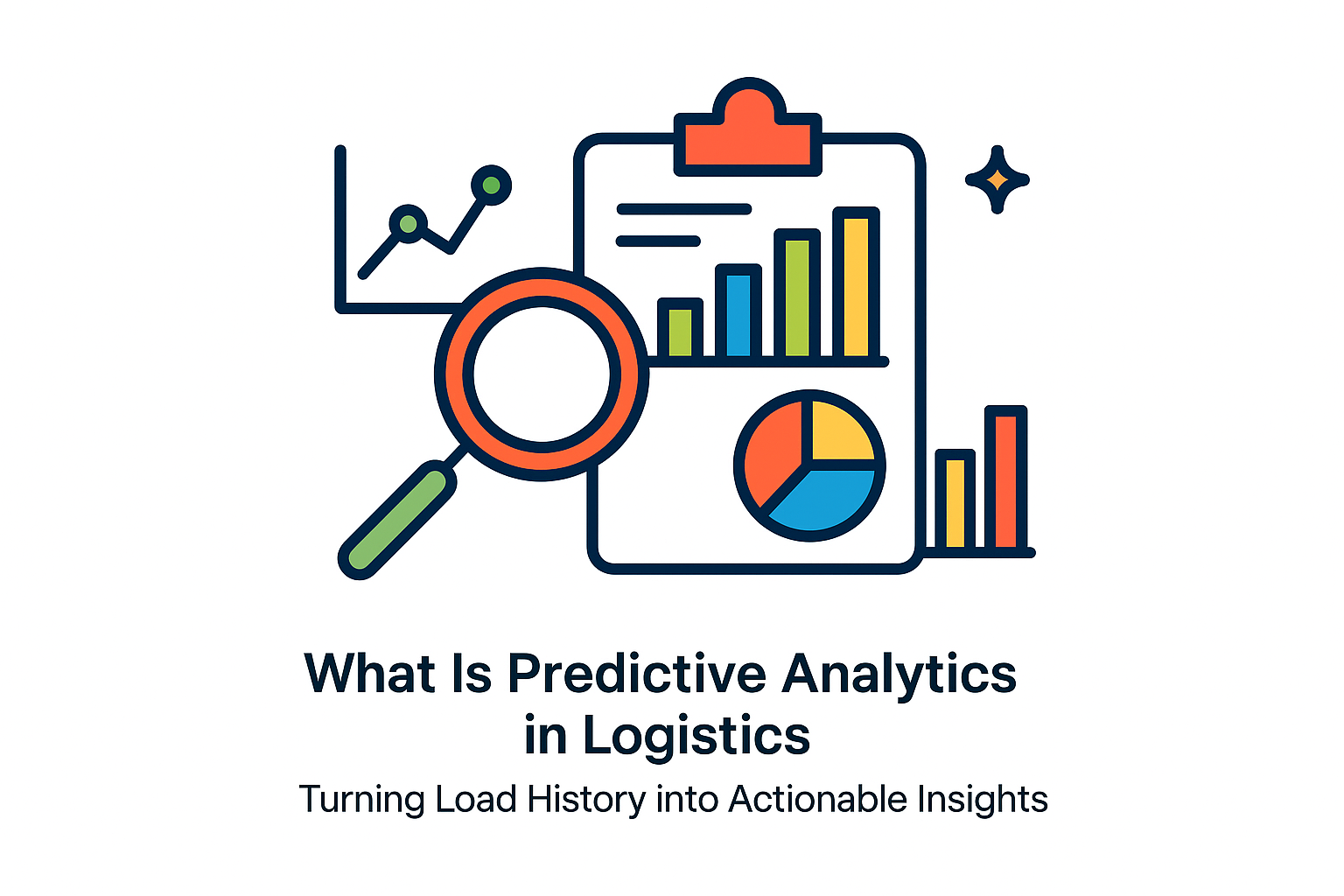 Predictive analytics illustration with charts and magnifying glass showing how logistics data transforms into actionable insights