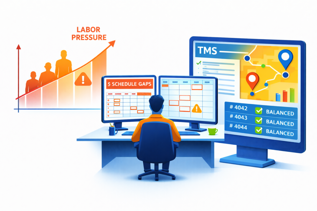 Truck driver shortage impact on carrier operations shown through workforce planning dashboard and TMS optimization