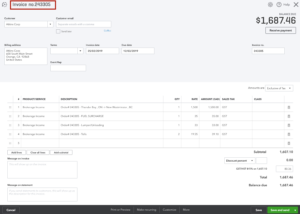 QuickBooks Sales Transactions view showing FTM invoice listed after sync