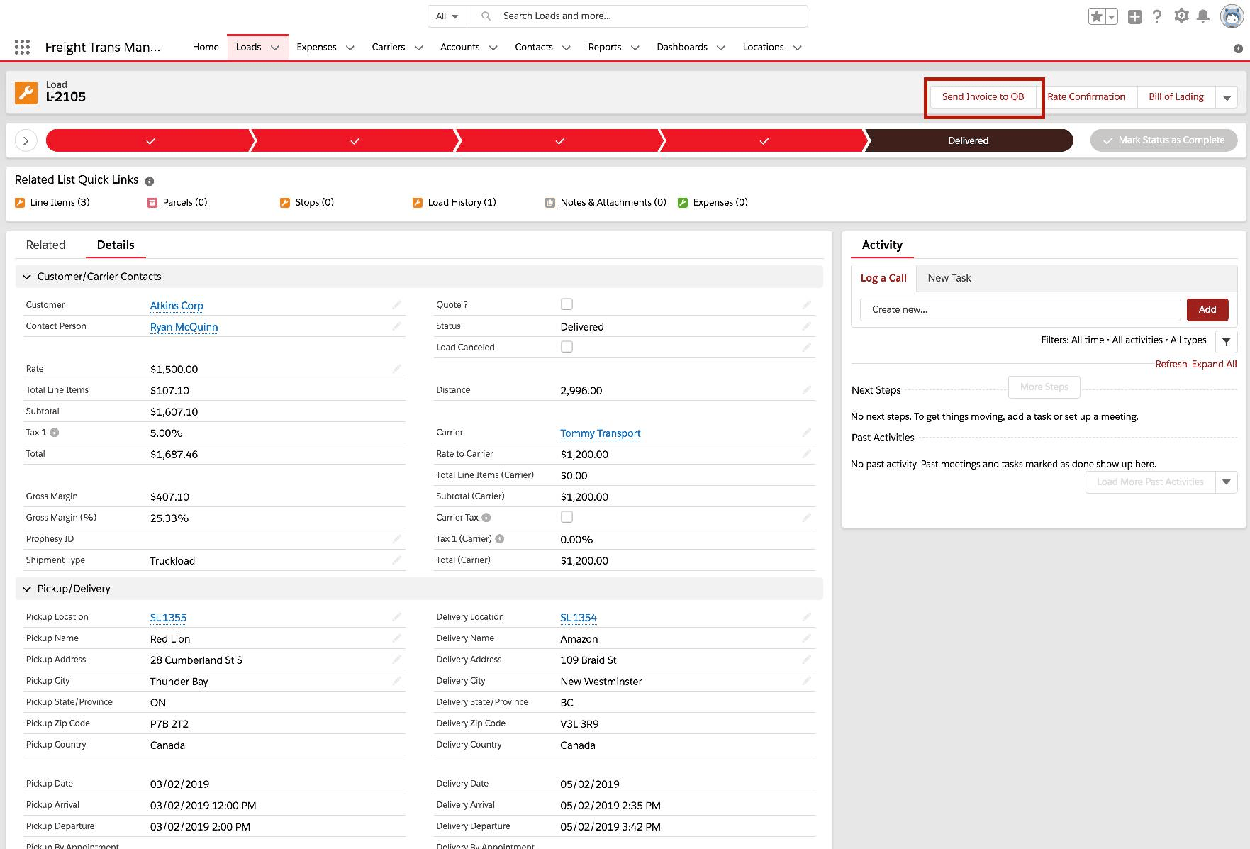 FTM invoice record showing invoice number before syncing to QuickBooks