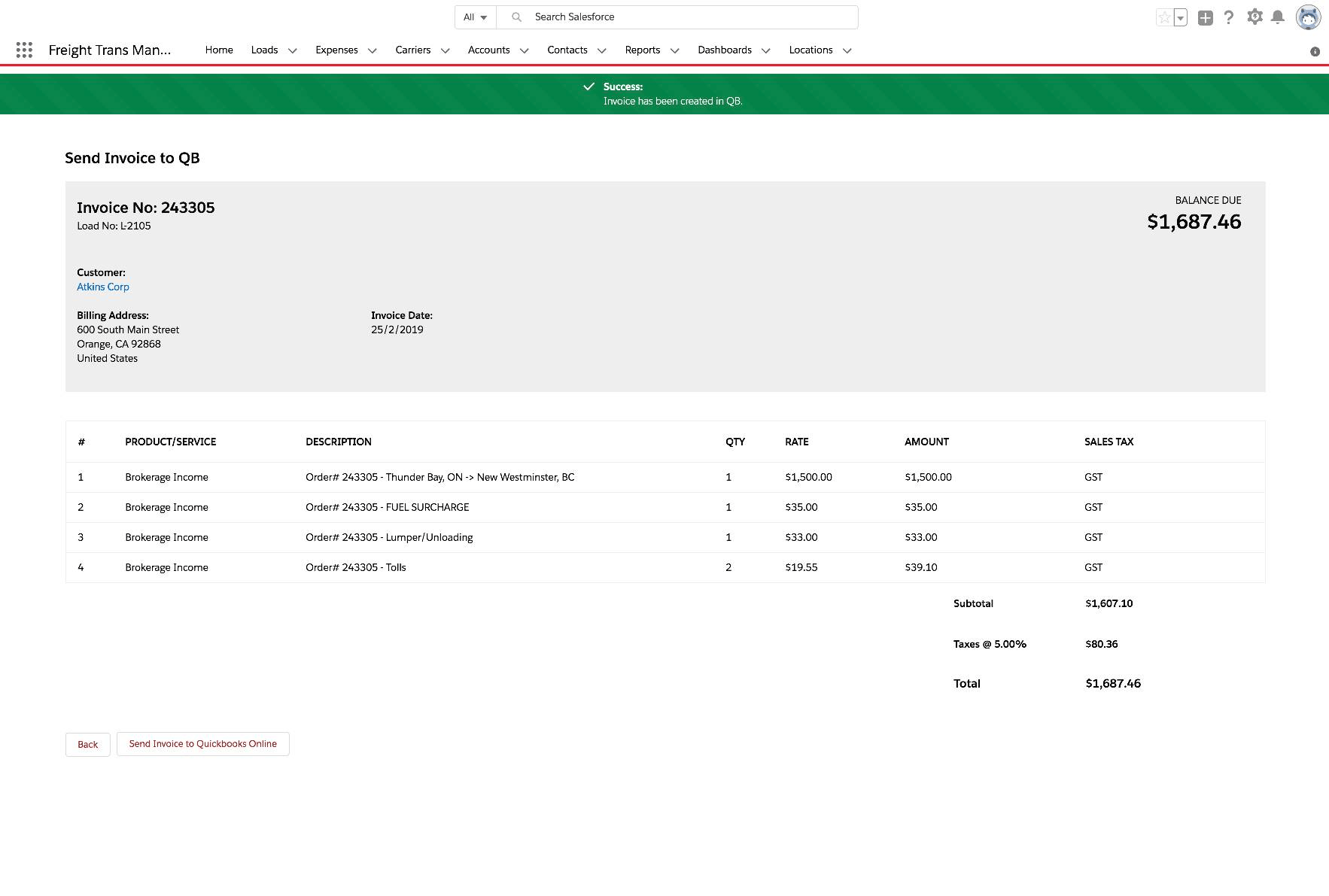 FTM dashboard showing Send to QuickBooks button on the invoice record