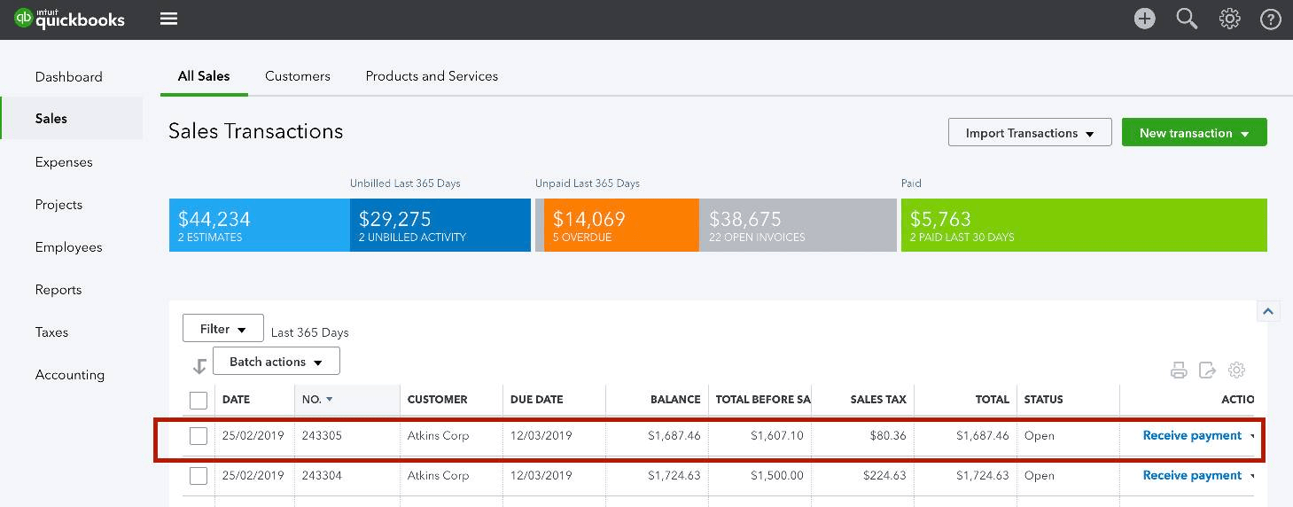 QuickBooks invoice created from FTM showing success confirmation and invoice details