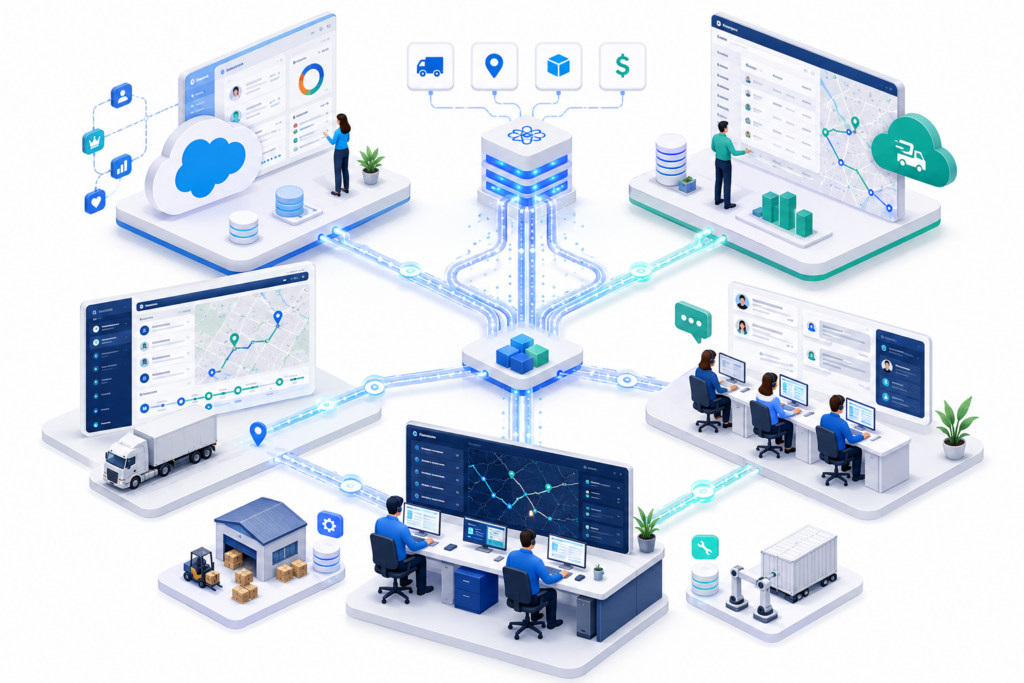 Salesforce logistics apps connected with transportation and workflow systems in an integrated ecosystem