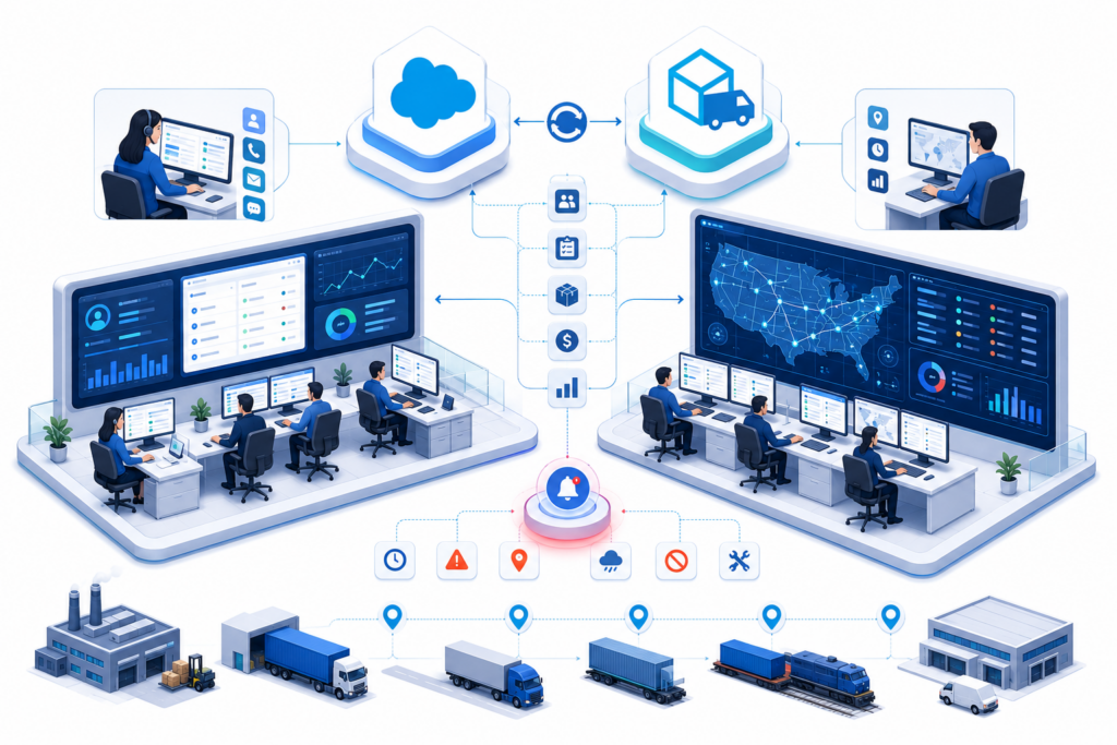 Salesforce logistics apps and transportation management system working together in connected workflow