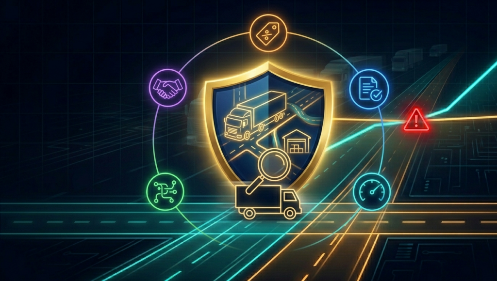 Colorful cinematic illustration of a glowing shield protecting a
freight network map, surrounded by five orbiting icons representing
lane based pricing, automated paperwork, real time cost tracking,
carrier diversification and customer retention, symbolizing strategies
to fight freight margin compression