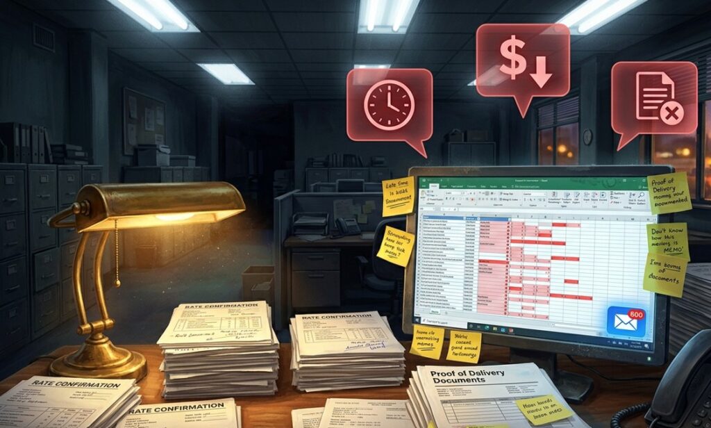 Colorful cinematic illustration of a chaotic freight billing desk covered in stacked rate confirmations, a spreadsheet with red error cells, and overdue proof of delivery documents with sticky notes, with red warning icons floating above showing a late clock, falling dollar sign, and rejected document, representing how manual processes cause high freight billing DSO