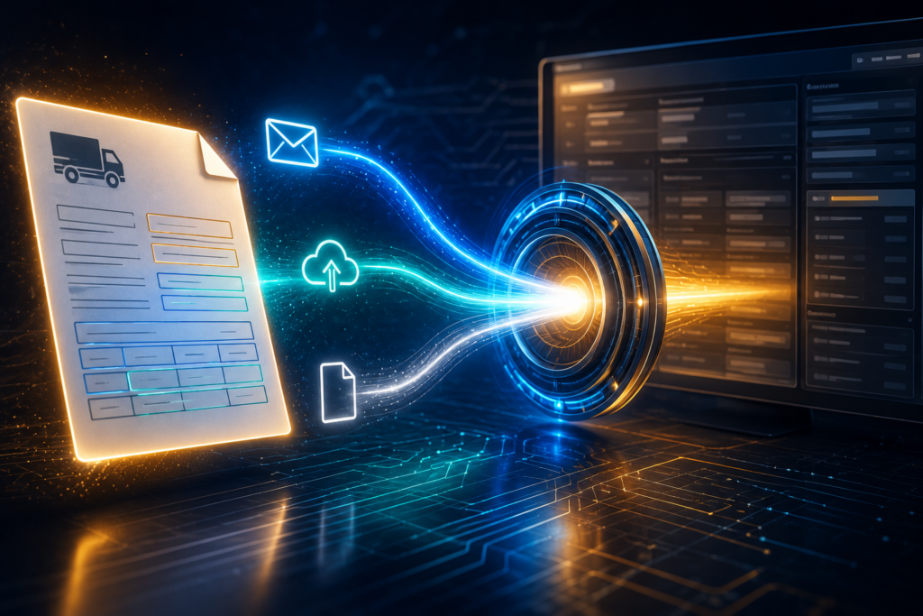 Cinematic illustration of a freight rate confirmation document entering a TMS through three digital streams: email attachment, portal upload, and direct file submission, converging into a single AI intake gateway