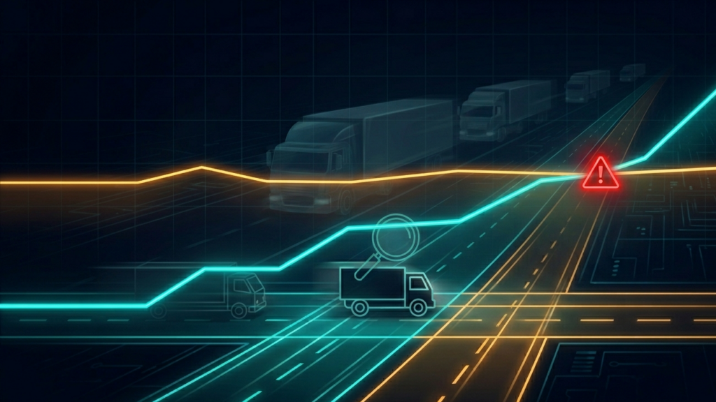 Colorful cinematic chart illustration showing spot freight rates in
electric teal rising to meet flat contract rates in amber against a
dark highway background, with a red warning marker at the point of
convergence, representing freight margin compression as the rate gap
narrows