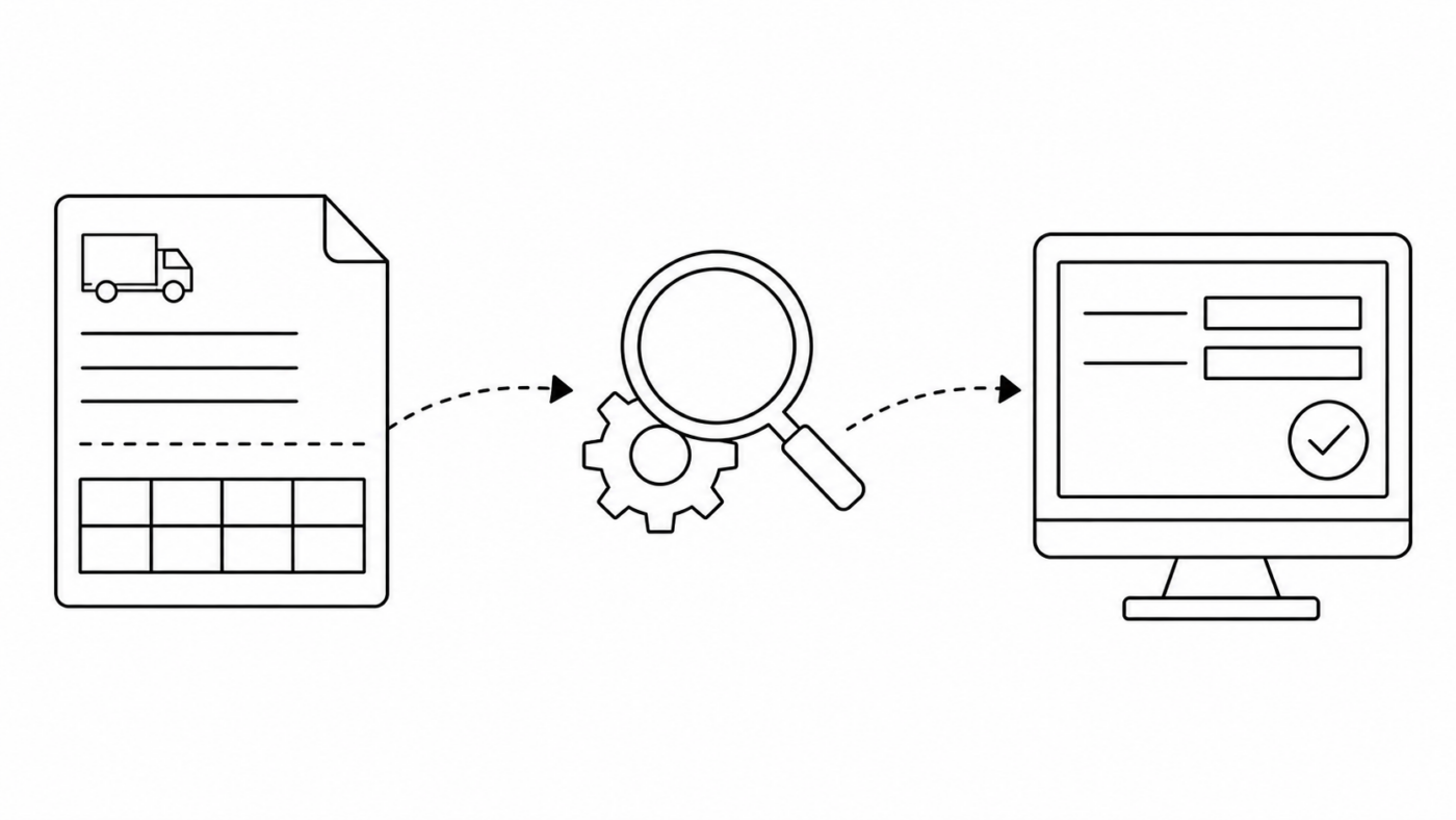 A minimal black and white line art diagram showing a freight rate confirmation document on the left, an AI processing engine in the center, and a completed TMS load record on a monitor on the right, connected by dotted arrows to illustrate how FTM Autofill automatically reads freight documents and creates load records without manual data entry
