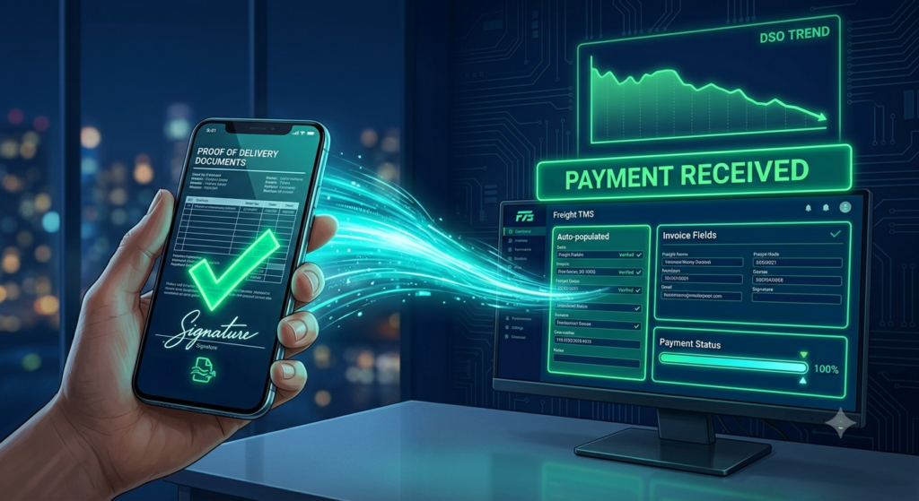 Colorful cinematic illustration showing a freight driver capturing a digital proof of delivery on a smartphone on the left, with a glowing teal data stream flowing to a TMS dashboard on the right displaying auto-populated invoice fields and a green payment received notification, with a downward-trending DSO graph in the background showing how automated systems reduce freight billing DSO