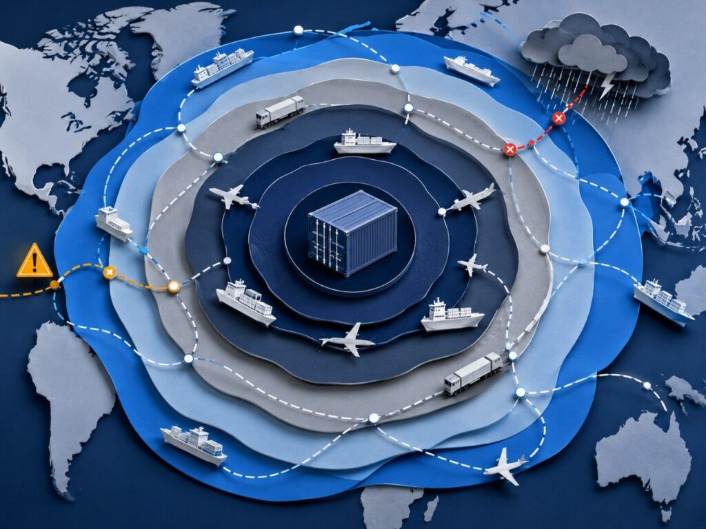 Layered carrier diversification network protecting freight with core, surge, specialist, and recovery capacity during a disruption.