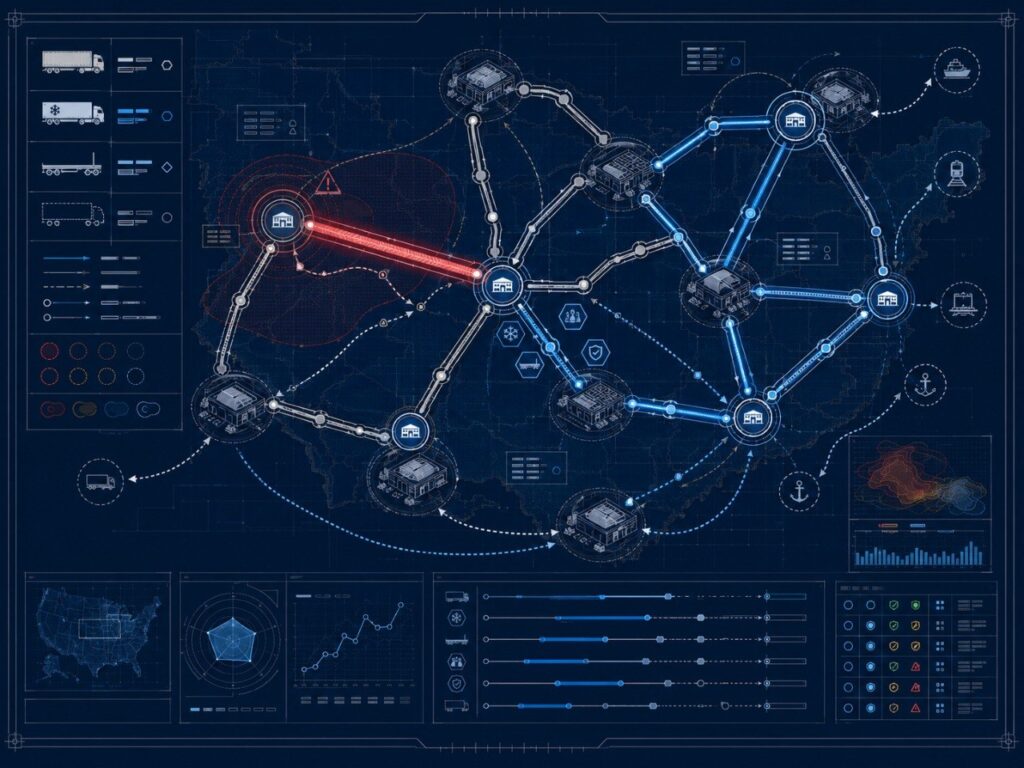 Carrier diversification strategy map comparing concentrated freight capacity with a resilient network of core, surge, specialist, and backup carriers.