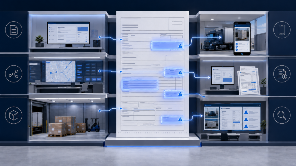 BOL errors that lead to claims shown as disconnected freight documents, shipment data, and exception proof across an enterprise logistics workflow.