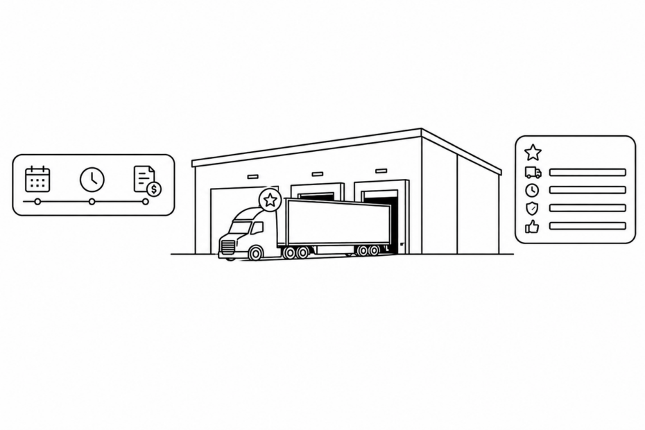 Minimal black and white line art diagram showing a freight dock with a preferred status badge above a truck on the left, a tender lead time timeline in the center, and a carrier scorecard with full performance bars on the right, all connected by a dashed curved line illustrating the operational practices that build shipper of choice status in freight logistics