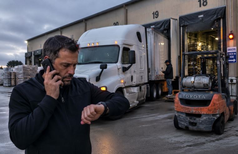 Cinematic illustration of a dispatcher watching the clock at a loading dock, showing how accessorial charges accumulate during delivery delays.