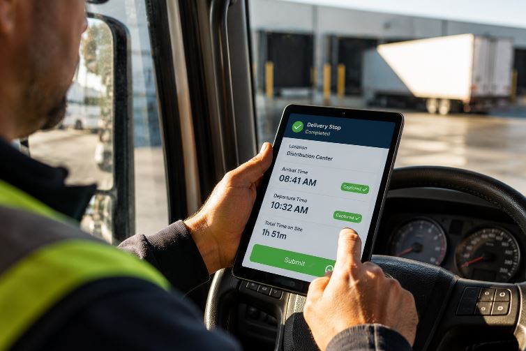 Illustration of a driver logging timestamps on a tablet, showing how digital tracking helps capture accessorial charges accurately.