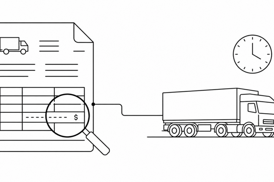 Line art of a freight invoice and a truck waiting at a dock, illustrating how accessorial charges go untracked during detention.