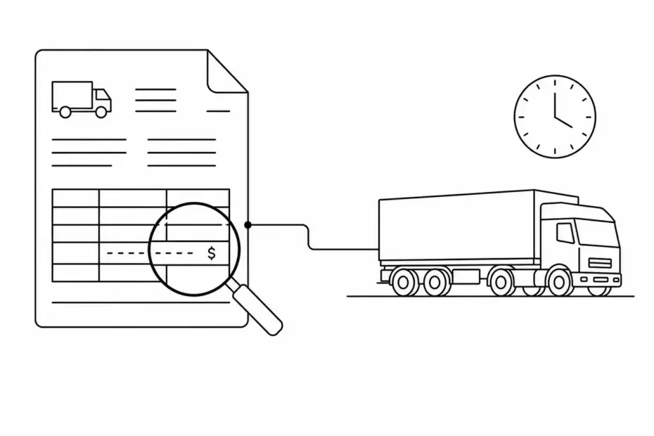 Minimal black and white line art illustration of a freight invoice showing a base rate line at the top followed by a series of accessorial charge rows, each with a small icon representing detention, liftgate, residential delivery, inside delivery, and fuel surcharge, with a bold total box at the bottom, illustrating how accessorial charges in freight stack above the base transportation rate