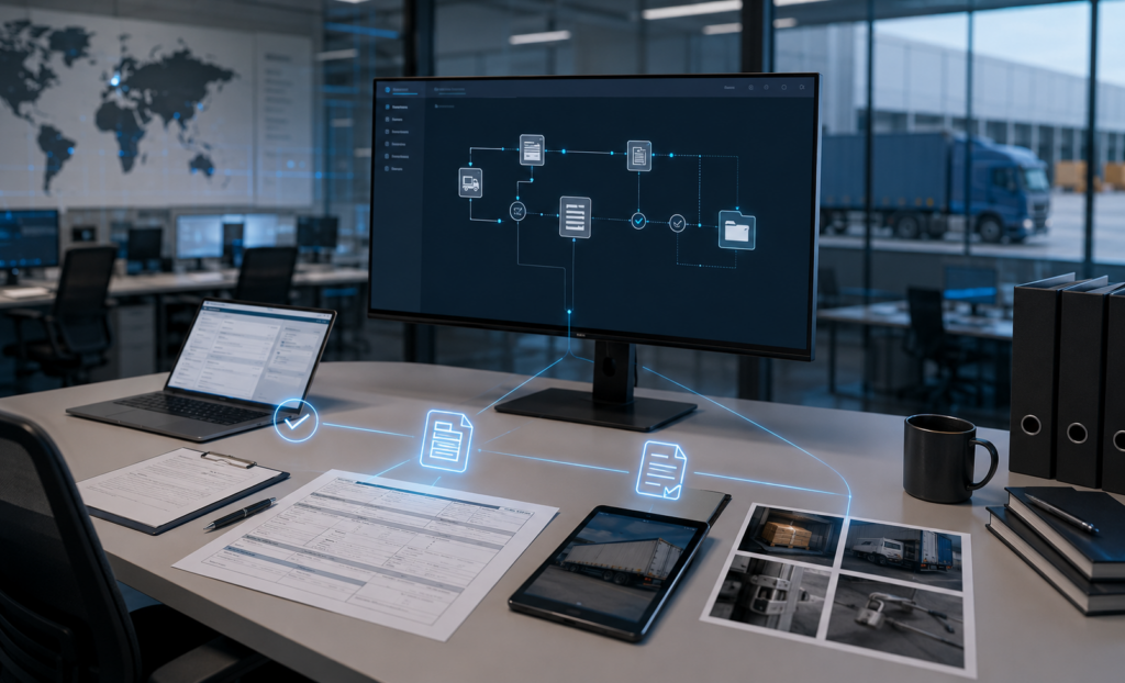 Transportation team using a TMS to prevent BOL errors that lead to claims by connecting bills of lading, PODs, invoices, and exception proof.