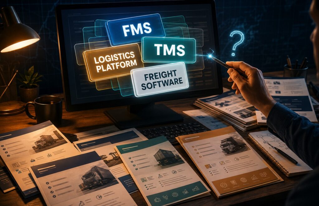 Colorful cinematic illustration of a freight dispatcher at a desk pointing at a glowing monitor showing overlapping FMS and TMS software labels in electric blue, teal, and amber, surrounded by vendor brochures, representing the confusion between freight management system vs TMS terminology in logistics software selection