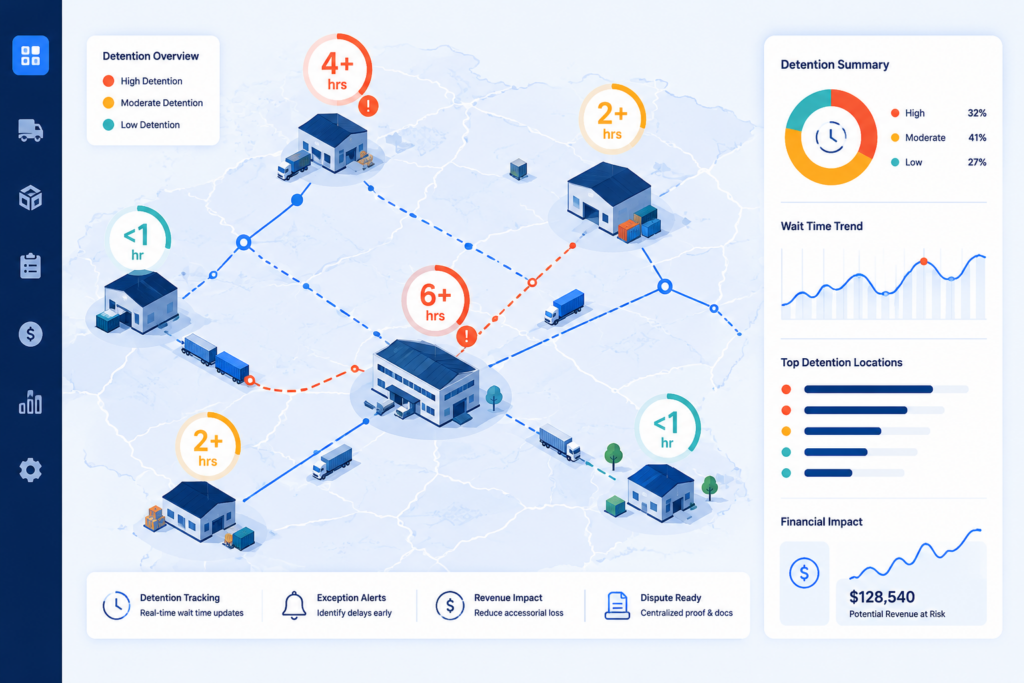 Illustrated detention time analytics dashboard showing delayed facilities, carrier wait time, freight network visibility, and potential revenue impact.