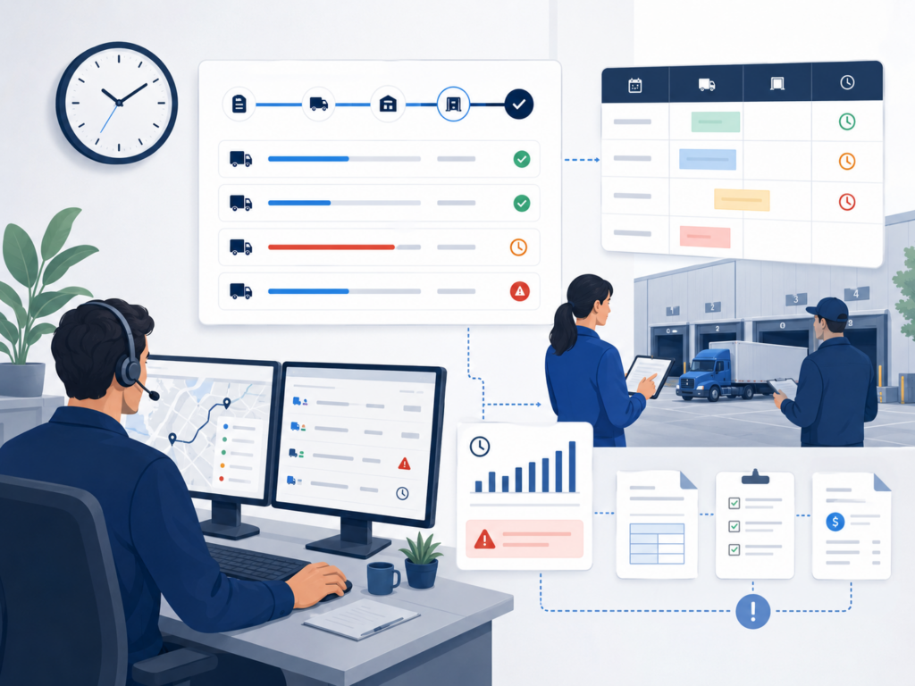 Illustrated detention time workflow showing a dispatcher tracking delayed freight, dock activity, carrier updates, and billing proof in a connected logistics system.