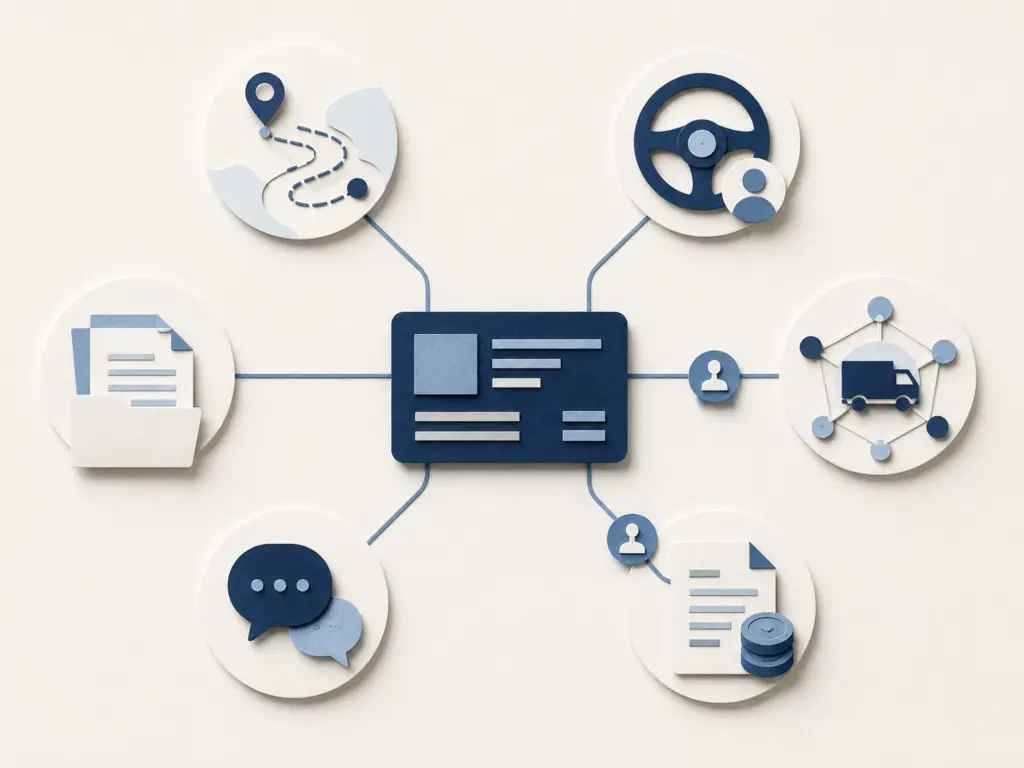 Minimal agentic transportation workflow connecting dispatch, drivers, carriers, documents, customers, and billing with human approval controls.