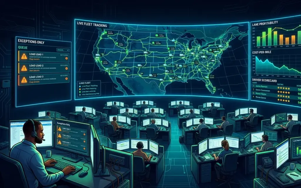 Colorful cinematic illustration of a modern freight carrier operations center with a large curved monitor showing 50 glowing truck icons on a live fleet tracking map, a dispatcher managing exceptions on a focused queue screen, and analytics panels displaying lane profitability and driver scorecards, representing the operational infrastructure required when scaling a trucking fleet to 50 trucks with a TMS built for enterprise-level carrier operations