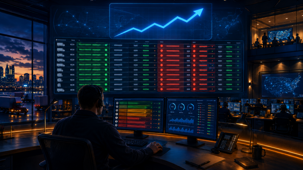 Colorful cinematic illustration of a freight dispatch center at dusk showing a large digital load board with green confirmed and red uncovered freight tenders, a dispatcher monitoring a shipper ranking system with color-coded tiers, and a rising rate trend arrow in electric blue overhead, representing the 2026 market conditions that make shipper of choice status a critical competitive advantage for enterprise freight operations