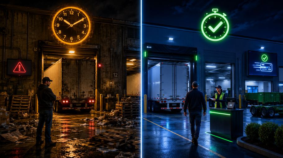 Colorful cinematic split illustration comparing a chaotic freight dock on the left with a delayed driver, amber detention alert, and disorganized loading area to an efficient shipper of choice dock on the right with a staged drop-and-hook setup, early readiness timer, and green fast-pay confirmation, showing the operational difference between a standard shipper and a shipper of choice in freight logistics