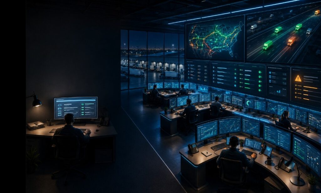 Colorful cinematic split illustration comparing a limited freight management system workflow on the left with a single bookings screen to a full transportation management system operations center on the right showing route maps, fleet tracking, and load assignment dashboards in vivid blue and green, illustrating when a TMS provides operational capabilities that an FMS cannot match