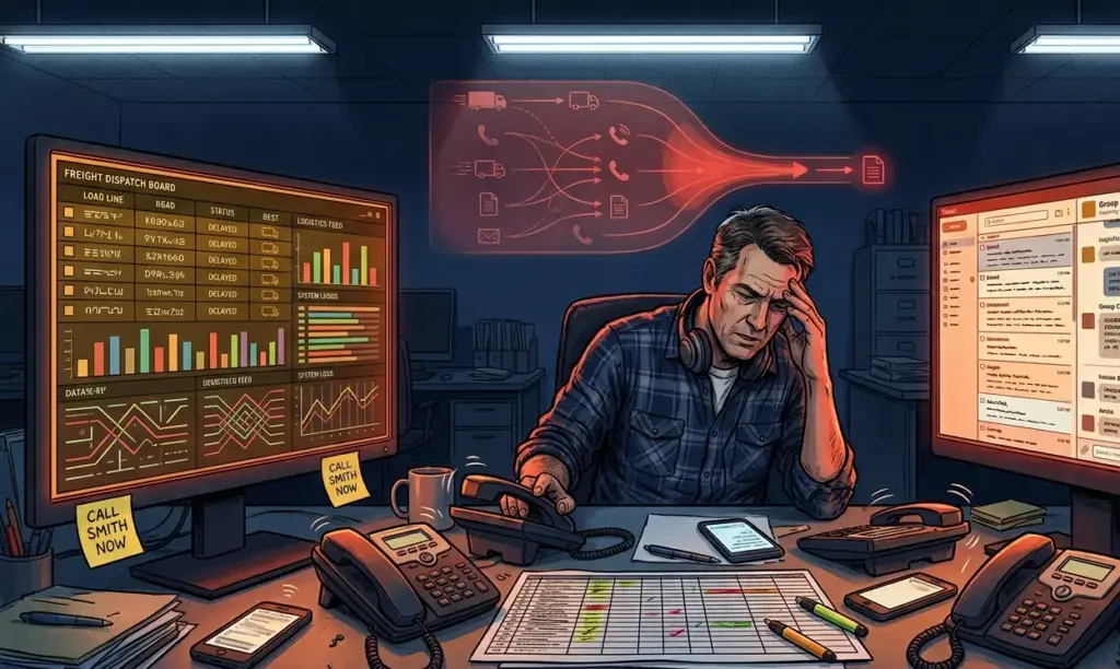 Colorful cinematic illustration of a single freight dispatcher overwhelmed at a desk with two screens showing 25 active loads with amber delay flags and a flooded inbox, surrounded by five phones and printed spreadsheets, representing the operational bottleneck that emerges when scaling a trucking fleet past 15 trucks without adding dispatch infrastructure or real-time visibility tools