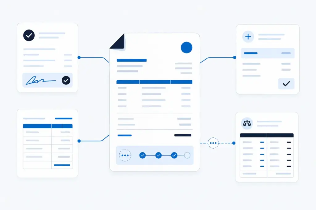 Manual freight invoicing illustration showing one invoice dependent on POD, rate confirmation, accessorial approval, and accounting review.