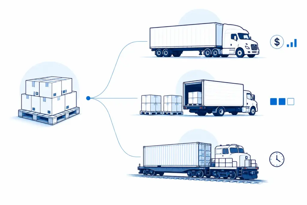Comparison of truckload, LTL, and intermodal options as US freight rates change in 2026.