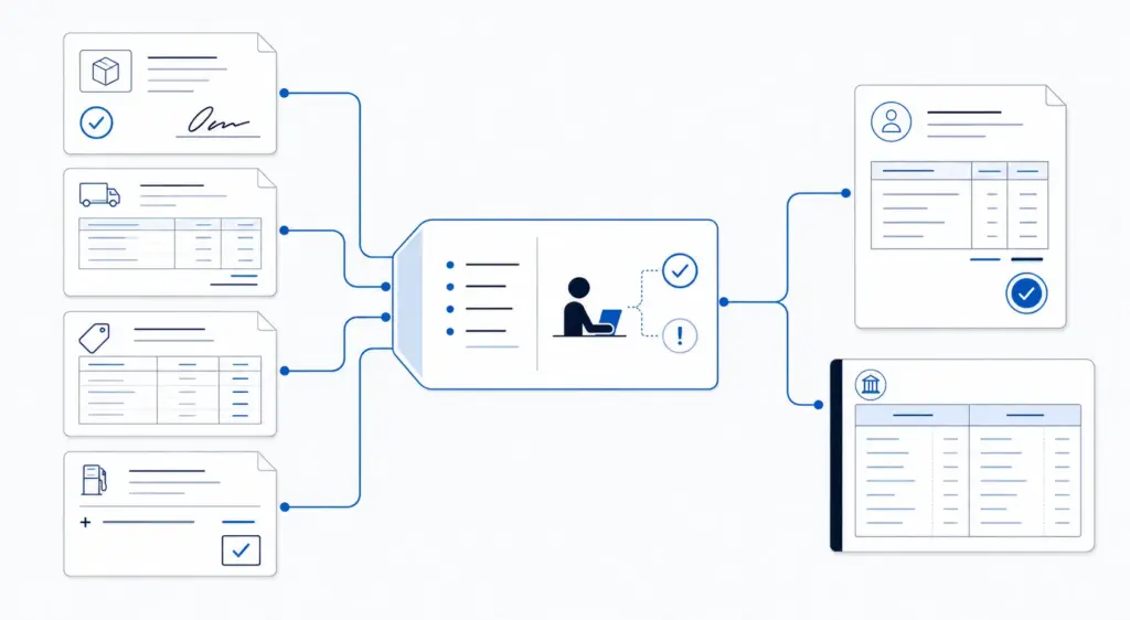 Freight invoice automation illustration showing shipment documents moving through a controlled approval step into a clean invoice and accounting record.