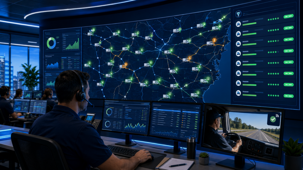 Colorful cinematic illustration of a freight broker dispatch center with a large automated load tracking dashboard showing 30 active trucks with green real-time status indicators, a dispatcher focused only on two amber exception alerts while 28 loads track without intervention, and a carrier relationship scorecard showing preferred status for top carriers, representing how automated real-time load tracking replaces manual check calls and preserves carrier relationships