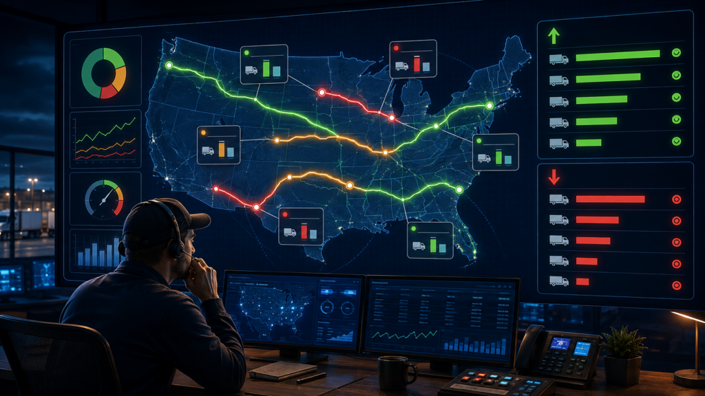 Colorful cinematic illustration of a freight carrier TMS dashboard showing a US route map with lanes color-coded by profitability in green, amber, and red based on carrier cost per mile analysis, alongside a lane ranking panel with top and bottom performing routes by margin, and a dispatcher reviewing underperforming red lanes for rate renegotiation, representing how cost per mile data becomes a live routing and pricing decision tool