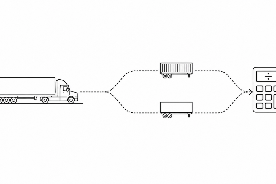 Minimal black and white line art diagram of a freight truck with the road splitting into a short loaded-mile track and a longer deadhead track, both converging into a calculator icon and a bar chart showing how carrier cost per mile calculated on total miles is higher than the same calculation on loaded miles only, illustrating why most carriers underestimate their true operating cost floor