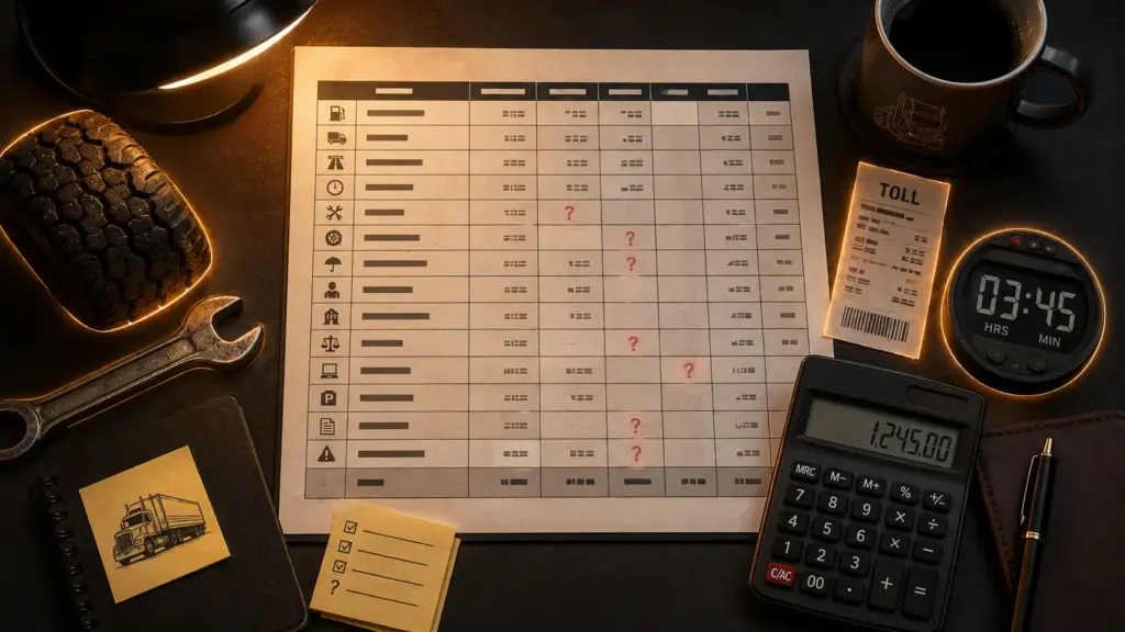 Colorful cinematic overhead flat-lay illustration of a freight carrier spreadsheet with empty red-flagged rows representing missing cost categories, surrounded by physical cost items including a tire, a repair wrench, a toll receipt, and a detention clock showing nearly four hours, with a calculator in the corner showing an underestimated carrier cost per mile total, representing how commonly excluded costs create a false sense of profitability