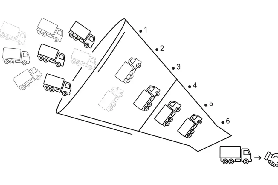 Minimal black and white line art diagram showing a diagonal funnel with multiple faded truck icons entering at the wide top and a single solid truck icon exiting at the narrow bottom toward a handshake symbol, with six numbered stage markers along the funnel, illustrating how a carrier sales pipeline narrows unqualified leads down to converted, activated carrier relationships