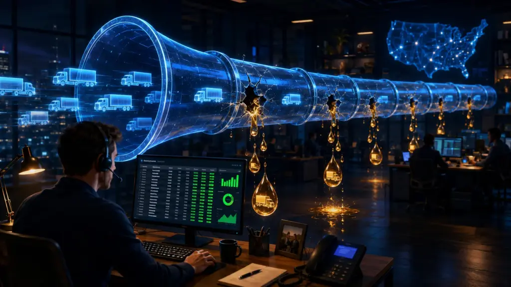 Colorful cinematic illustration of a carrier sales office with a large glowing blue pipe carrying truck icons that leak through visible cracks along its length, representing carriers lost between stages, while a sales rep in the foreground reviews a call volume spreadsheet unaware of the losses, illustrating why most carrier sales pipelines leak capacity despite high call activity