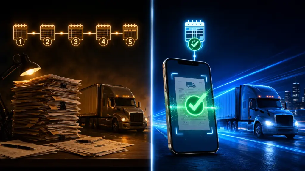 Colorful cinematic split illustration comparing a slow five-day manual carrier onboarding process with stacked paper documents and an idle truck on the left to a fast same-day digital onboarding process with instant document verification and an active truck in motion on the right, representing how onboarding speed affects carrier sales pipeline conversion and first-load activation