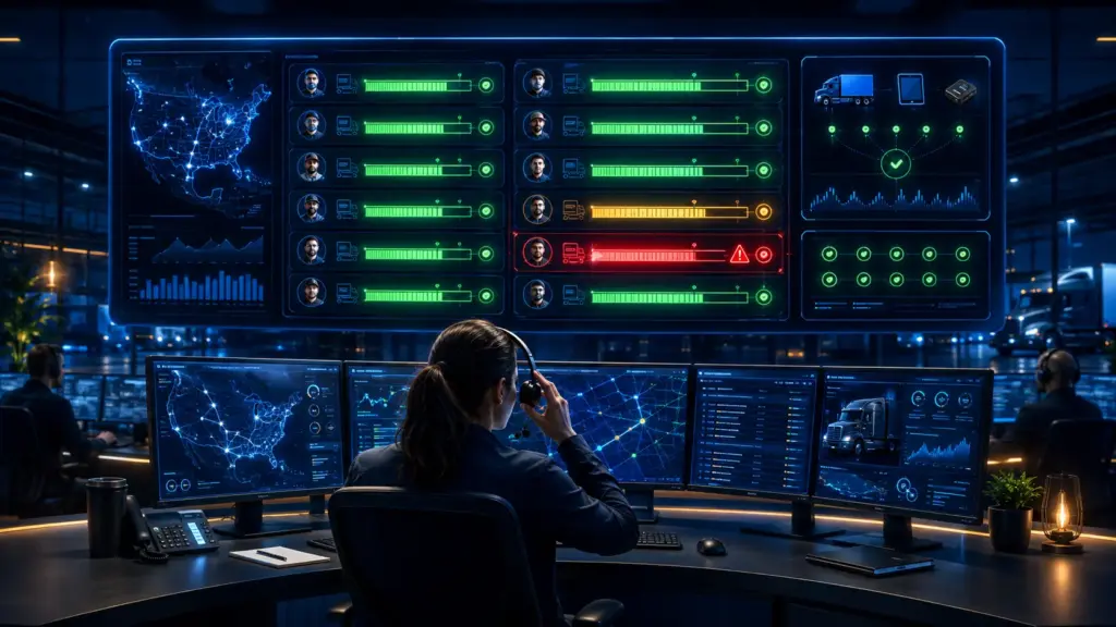 Colorful cinematic illustration of a freight carrier dispatch center with a large operations dashboard showing a grid of driver hour status bars in green, amber, and red, a focused dispatcher responding to a red FMCSA hours of service alert before a violation occurs, and a real-time ELD sync panel in the upper corner showing all devices connected, representing proactive compliance monitoring at scale