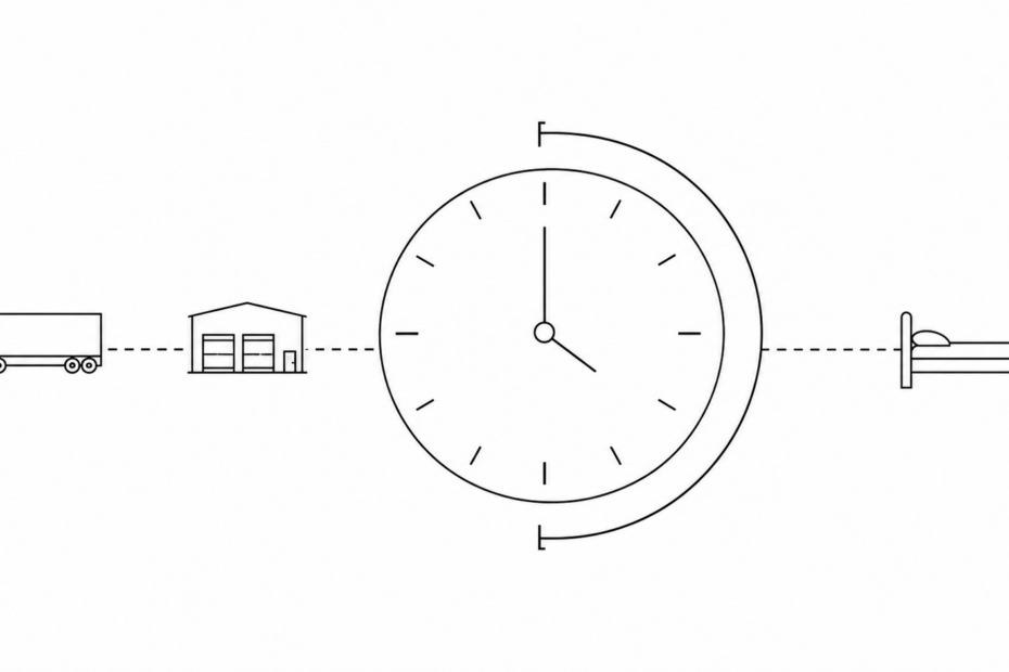 Minimal black and white line art diagram showing a large clock face with a 14-hour arc representing the FMCSA hours of service on-duty window and an inner 11-hour arc for maximum driving time, connected by a dashed line to a truck and dock on the left representing on-duty non-driving work, and a bed icon on the right representing the required 10-hour rest period