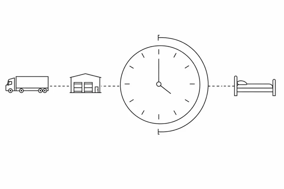 Minimal black and white line art diagram showing a large clock face with a 14-hour arc representing the FMCSA hours of service on-duty window and an inner 11-hour arc for maximum driving time, connected by a dashed line to a truck and dock on the left representing on-duty non-driving work, and a bed icon on the right representing the required 10-hour rest period
