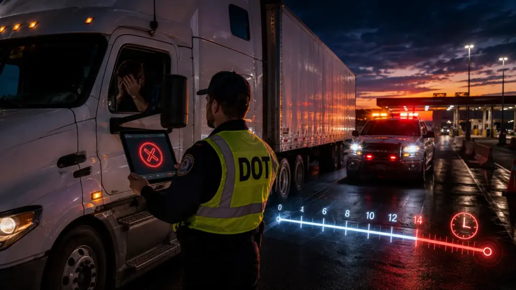 Colorful cinematic illustration of a freight truck stopped at a roadside inspection at dusk with red and amber emergency lights, a DOT officer holding a tablet showing a glowing red out-of-service ELD violation, a stressed driver visible in the cab, and a translucent timeline overlay on the road surface showing the 14-hour FMCSA hours of service window exceeded in red